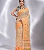 This is  Beige Silk Cotton handwoven Jamdani saree from Charukriti