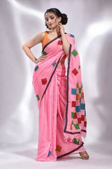 This is  Pink Pure cotton handwoven saree with abstract designs from Charukriti
