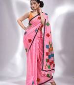 This is  Pink Pure cotton handwoven saree with abstract designs from Charukriti