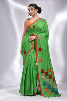This is  Green Pure cotton handwoven saree with abstract designs from Charukriti