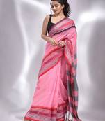 This is  Pink Pure cotton handwoven saree with temple border from Charukriti
