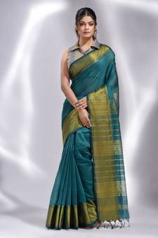 This is  Teal Blended Cotton handwoven soft saree with temple border from Charukriti