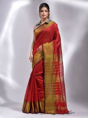 This is   Red Blended Cotton handwoven soft saree with temple border from Charukriti 1