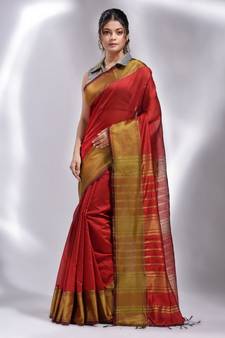 This is   Red Blended Cotton handwoven soft saree with temple border from Charukriti