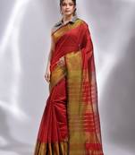 This is   Red Blended Cotton handwoven soft saree with temple border from Charukriti