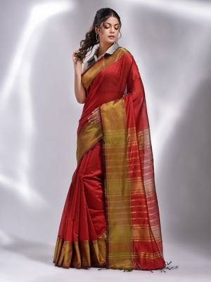 This is   Red Blended Cotton handwoven soft saree with temple border from Charukriti 2