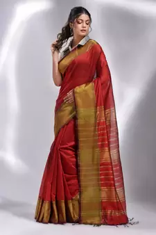 This is   Red Blended Cotton handwoven soft saree with temple border from Charukriti