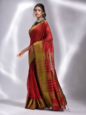 This is   Red Blended Cotton handwoven soft saree with temple border from Charukriti 3
