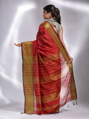 This is   Red Blended Cotton handwoven soft saree with temple border from Charukriti 4