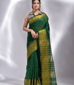 This is   Green Blended Cotton handwoven soft saree with temple border from Charukriti