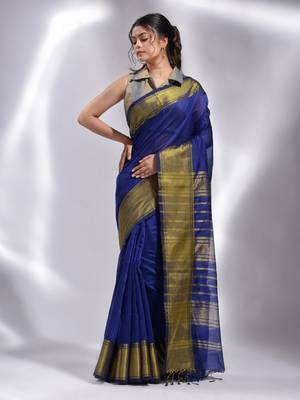 This is  Royal blue Blended Cotton handwoven soft saree with temple border from Charukriti 1