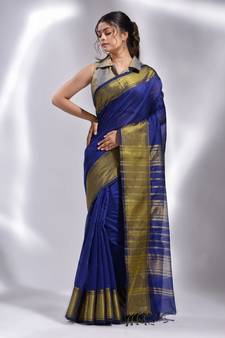 This is  Royal blue Blended Cotton handwoven soft saree with temple border from Charukriti