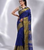 This is  Royal blue Blended Cotton handwoven soft saree with temple border from Charukriti