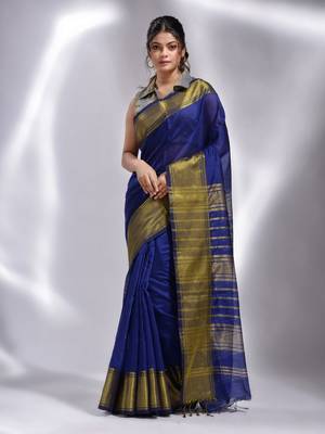This is  Royal blue Blended Cotton handwoven soft saree with temple border from Charukriti 2