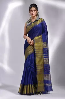 This is  Royal blue Blended Cotton handwoven soft saree with temple border from Charukriti