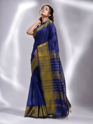 This is  Royal blue Blended Cotton handwoven soft saree with temple border from Charukriti 3