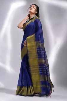 This is  Royal blue Blended Cotton handwoven soft saree with temple border from Charukriti