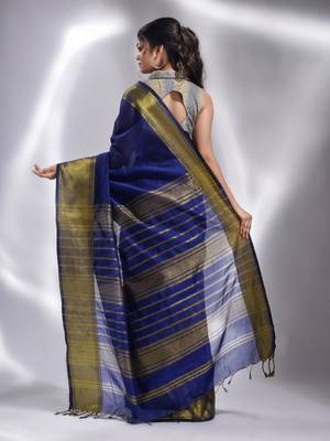 This is  Royal blue Blended Cotton handwoven soft saree with temple border from Charukriti 4