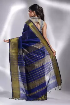 This is  Royal blue Blended Cotton handwoven soft saree with temple border from Charukriti