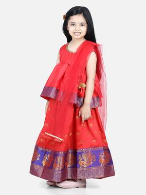BownBee Jacquard Lehenga with Flared Choli with Dupatta- Red 1