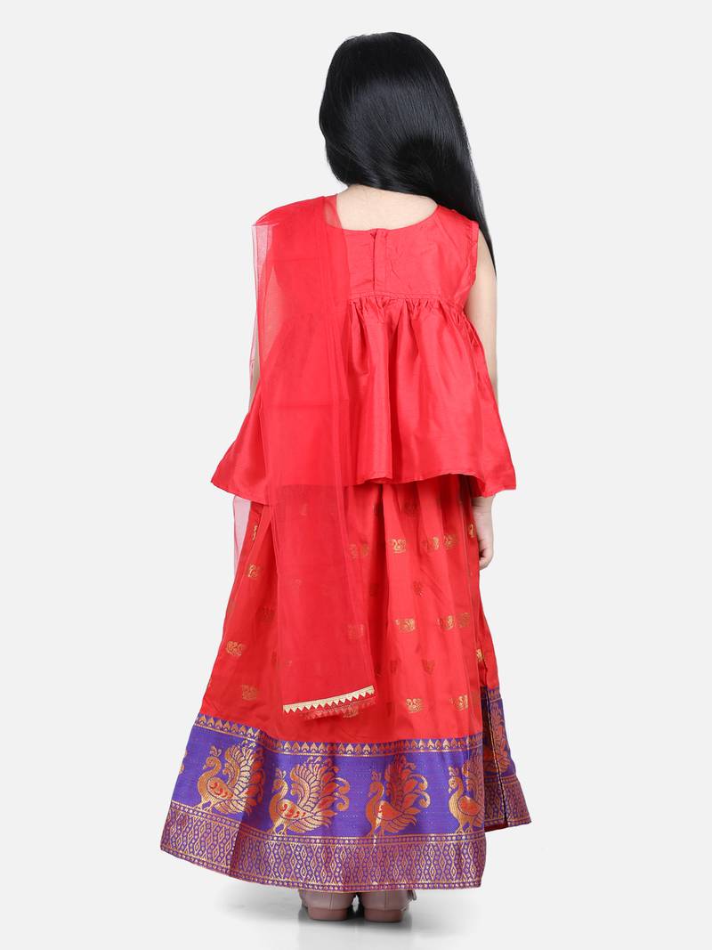 BownBee Jacquard Lehenga with Flared Choli with Dupatta- Red