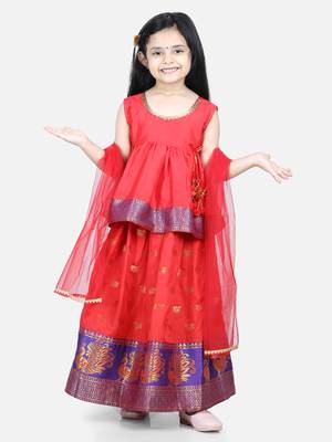 BownBee Jacquard Lehenga with Flared Choli with Dupatta- Red 3