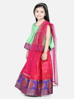 BownBee Jacquard Lehenga with Flared Choli with Dupatta- Green 1