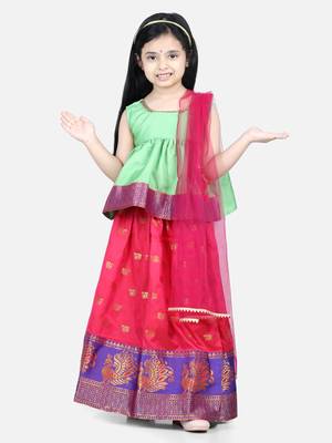 BownBee Jacquard Lehenga with Flared Choli with Dupatta- Green 3