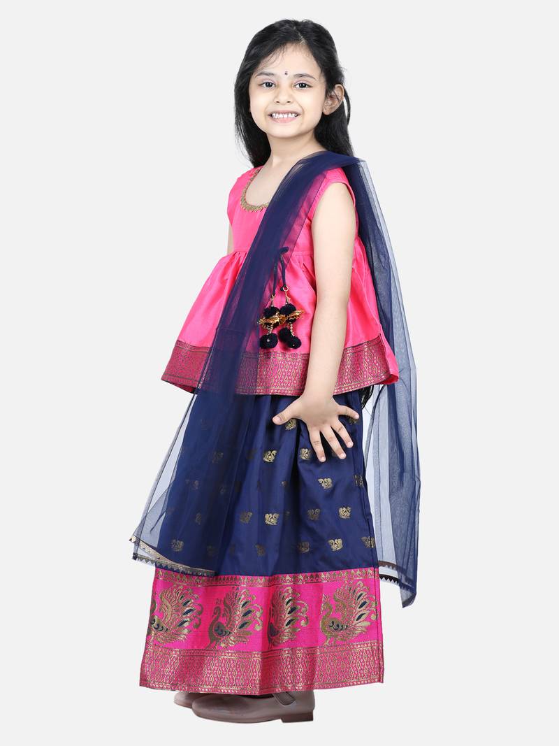 BownBee Jacquard Lehenga with Flared Choli with Dupatta- Pink