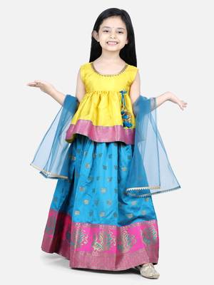 BownBee Jacquard Lehenga with Flared Choli with Dupatta- Yellow 3