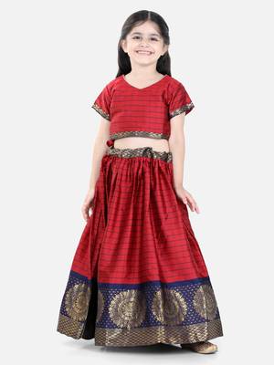 BownBee Half Sleeve South Indian Pavda Pattu Lehenga- Red 1