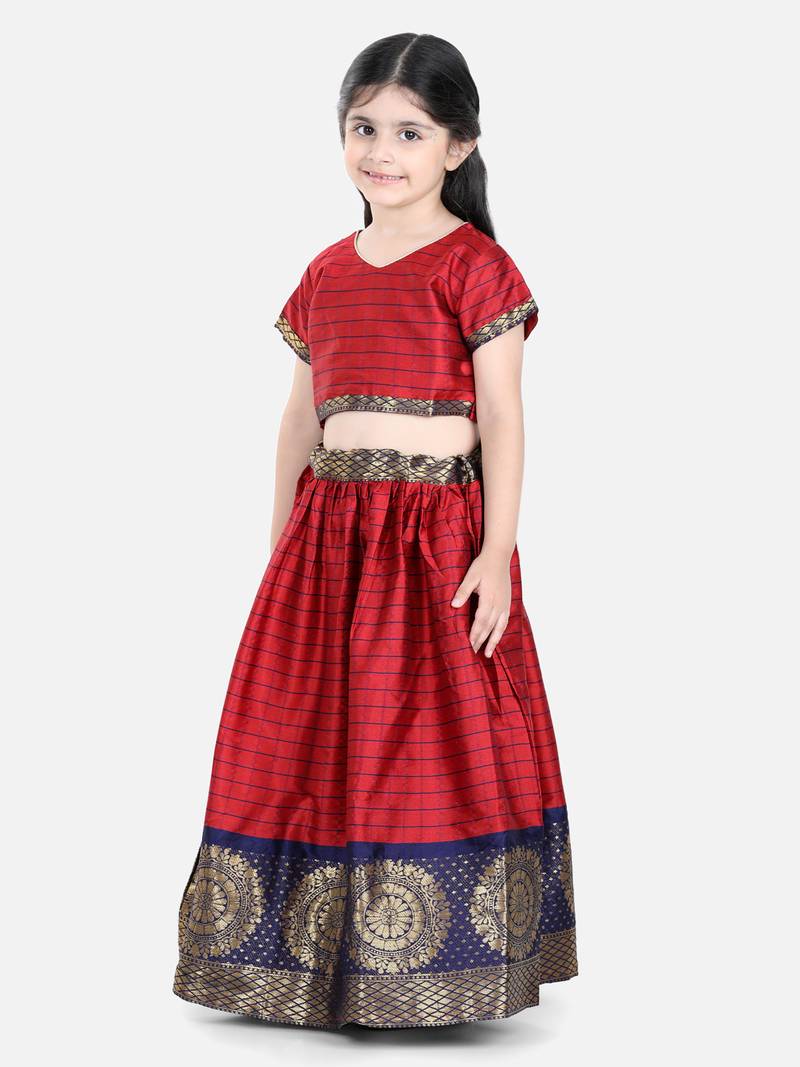 BownBee Half Sleeve South Indian Pavda Pattu Lehenga- Red