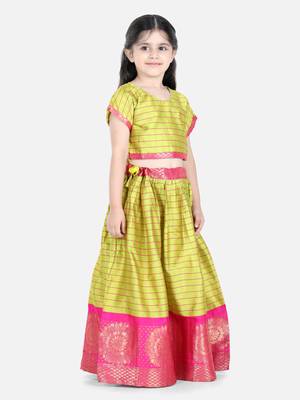 BownBee Half Sleeve South Indian Pavda Pattu Lehenga- Yellow 1