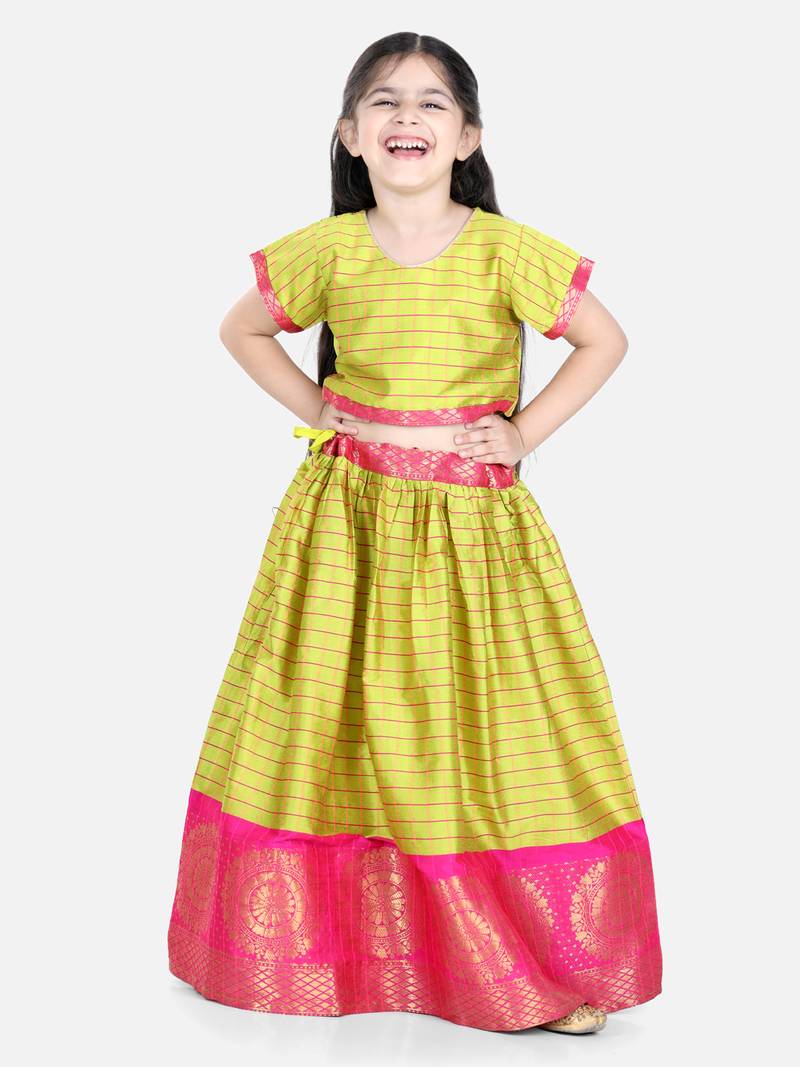 BownBee Half Sleeve South Indian Pavda Pattu Lehenga- Yellow