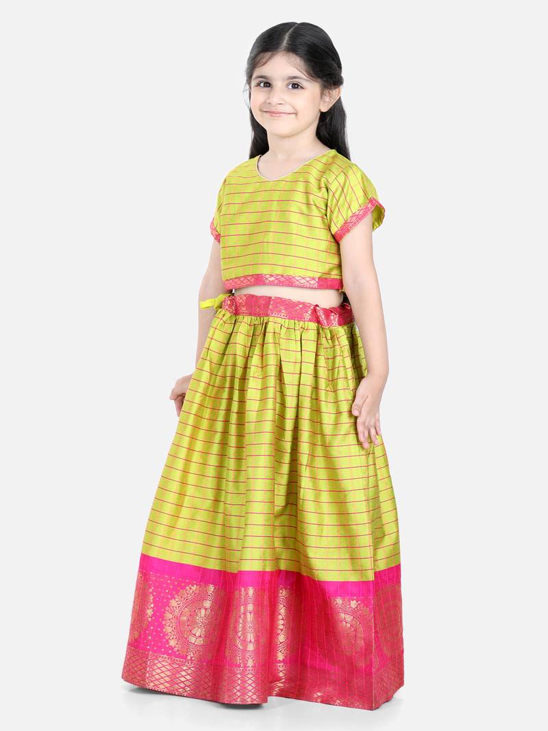 BownBee Half Sleeve South Indian Pavda Pattu Lehenga- Yellow