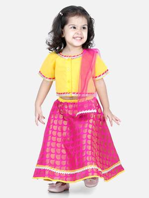 BownBee Front Open Cotton Top with Jacquard Lehenga for Girls- Yellow 1