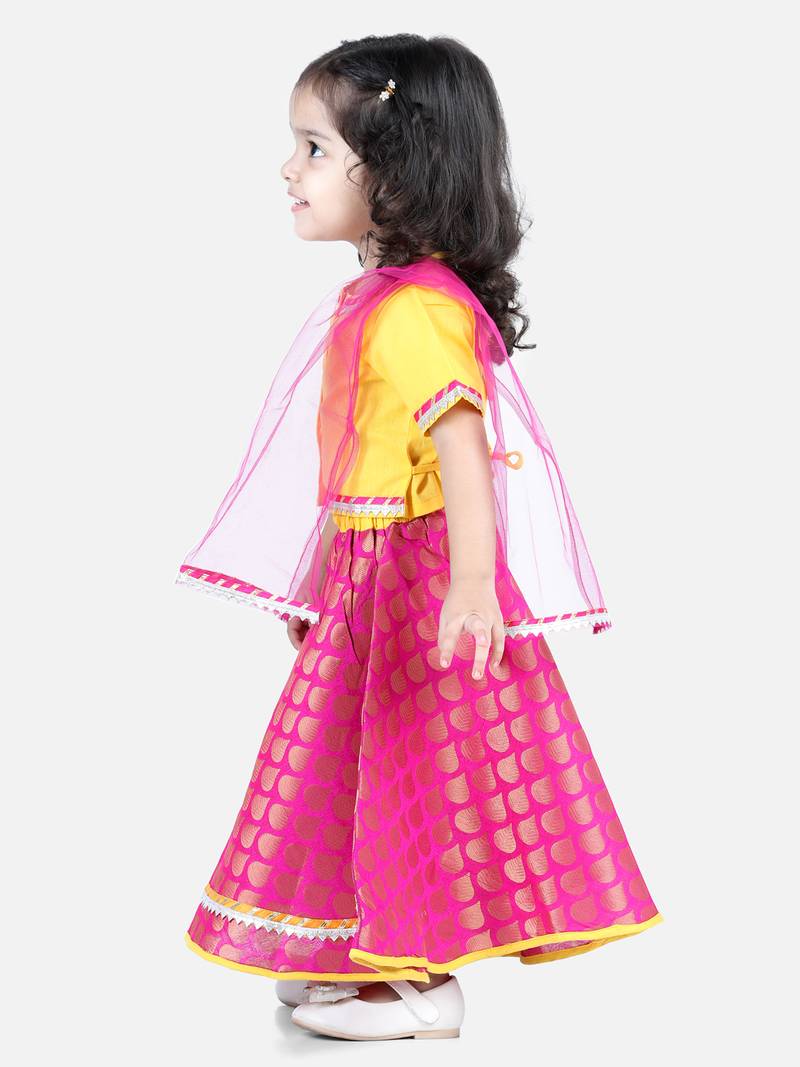 BownBee Front Open Cotton Top with Jacquard Lehenga for Girls- Yellow