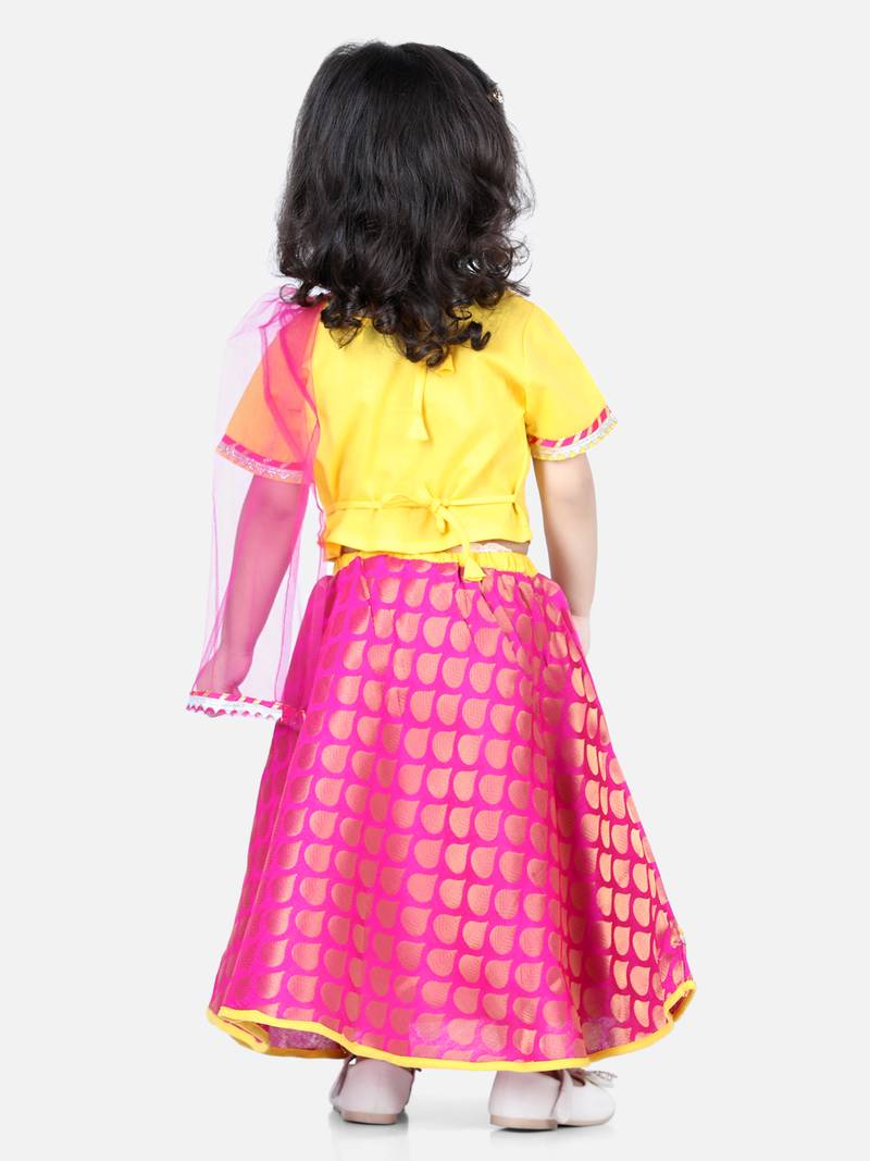 BownBee Front Open Cotton Top with Jacquard Lehenga for Girls- Yellow