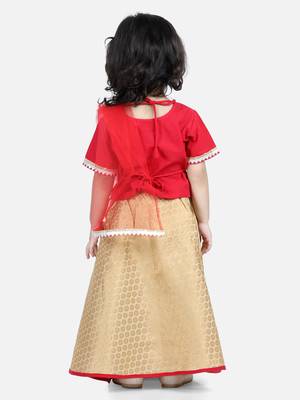 BownBee Front Open Cotton Top with Jacquard Lehenga for Girls- Red 2