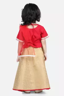 BownBee Front Open Cotton Top with Jacquard Lehenga for Girls- Red