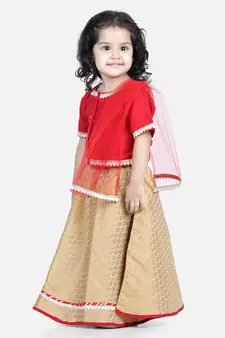 BownBee Front Open Cotton Top with Jacquard Lehenga for Girls- Red