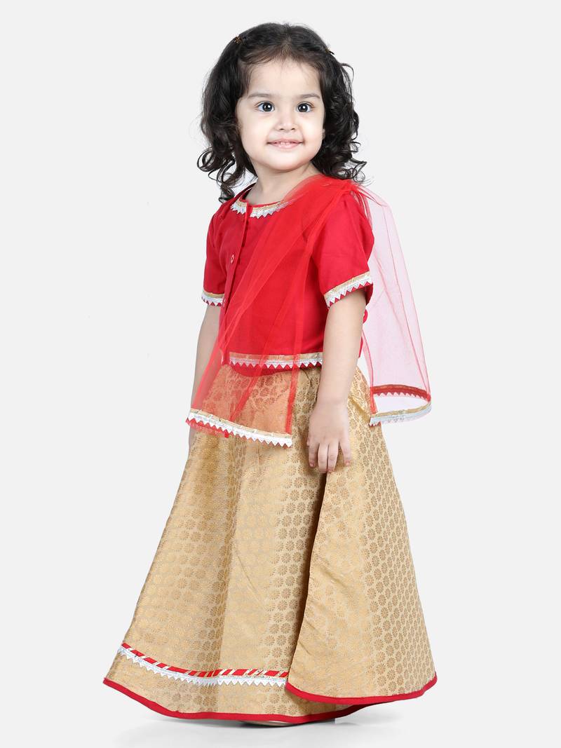 BownBee Front Open Cotton Top with Jacquard Lehenga for Girls- Red