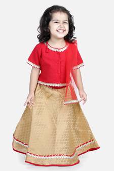 BownBee Front Open Cotton Top with Jacquard Lehenga for Girls- Red