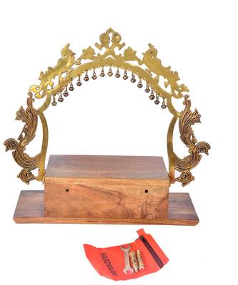  Temple Altar with Bells And A Wooden Drawer Decoretive Showpiece For Home And Office - Brass 3