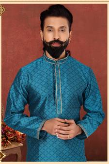 Men Blue Blackberry Silk Kurta Churidar Set