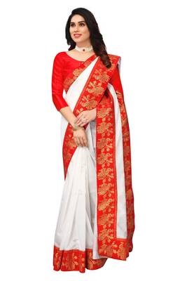 White Vichitra Silk Saree With Fancy Lace And Blouse Piece. 1