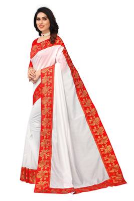 White Vichitra Silk Saree With Fancy Lace And Blouse Piece. 2