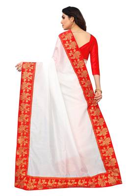 White Vichitra Silk Saree With Fancy Lace And Blouse Piece. 3