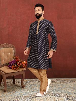Men Dark Navy Blue Dupion Silk Khari Printed Kurta Churidar Set 7