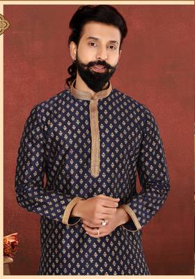 Men Dark Navy Blue Dupion Silk Khari Printed Kurta Churidar Set 1